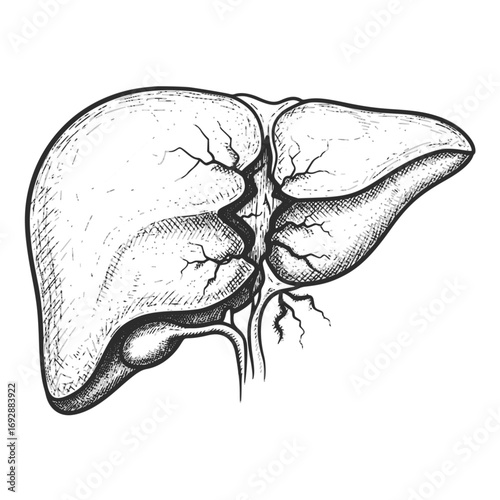 Human liver anatomy sketch, monochrome illustration for medical education