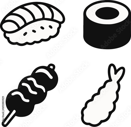 Black and white icons of various Japanese food items including sushi, dango, and tempura in a minimalist style.