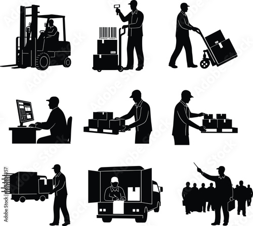 Warehouse logistics operations, cargo handling, inventory management, forklift work, barcode scanning, delivery process, supply chain teamwork, shipping, packing, silhouette scenes