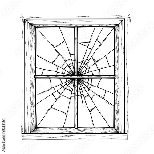 Broken window pane illustration, monochrome, for design-with copy space