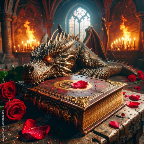Dragon resting near ancient book, roses, and fire
