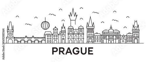Prague Line Art skyline horizontal banner. Prague, Czech Republic. with white background