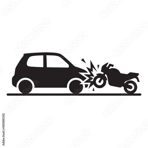 Car colliding with motorcycle silhouette pictogram design