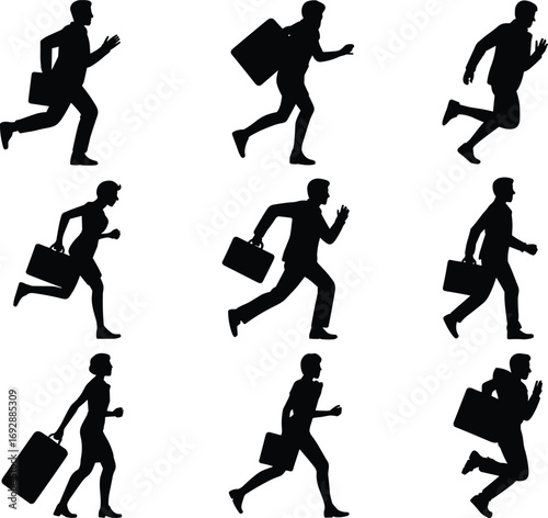 Business people running silhouettes, corporate man and woman with briefcase, office rush vector illustration, deadline hurry concept, professional worker rushing design