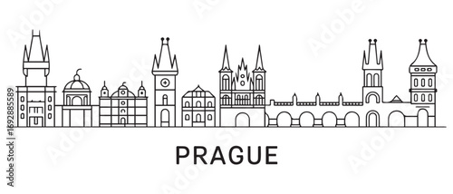 Prague Line Art skyline horizontal banner. Prague, Czech Republic. with white background