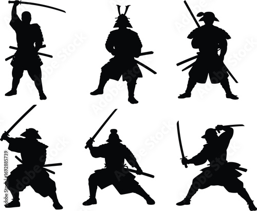 Samurai warrior silhouette vector illustration, traditional Japanese fighter design, katana sword graphic, martial arts combat stance, ancient warrior culture icon collection