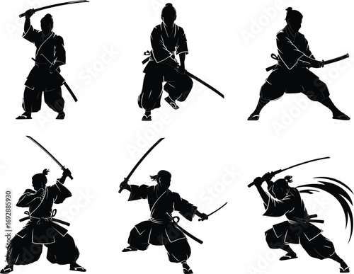 Samurai warrior silhouettes with katana swords, martial arts poses, traditional Japanese fighter illustration, combat stance vector, bushido spirit, ninja sword battle icons
