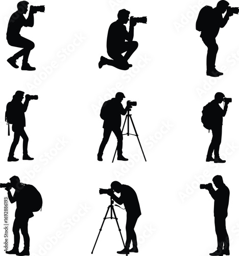 Silhouette photographer vector illustration, man with camera poses, tripod photography, travel backpack photographer design, standing and crouching photo shooting figure collection