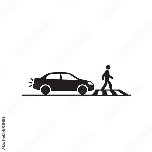 Car stopping at pedestrian crossing silhouette pictogram