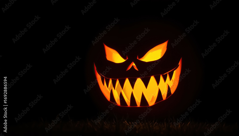 Fototapeta premium Spooky carved Halloween pumpkin glowing with menacing grin on dark night
