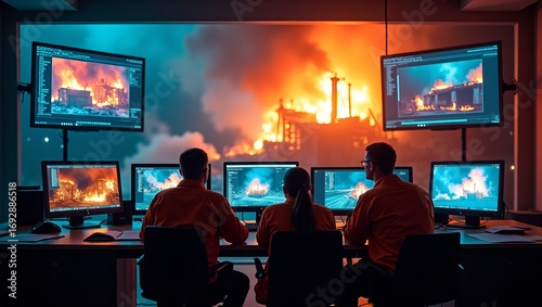 Surveillance team monitors industrial fire disaster emergency response system control center operations disaster management safety security