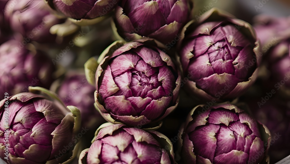 Obraz premium A vibrant cluster of fresh, raw artichokes with deep purple outer leaves, showcasing their intricate texture and natural beauty in a closeup view