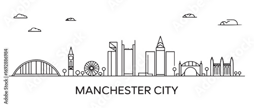 Manchester city Line Art skyline horizontal banner. Manchester city, United Kingdom. Vector template for your design. with white background