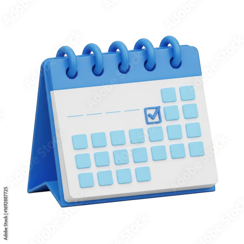 A 3d rendering of a blue desk calendar with a checked day isolated on transparent background