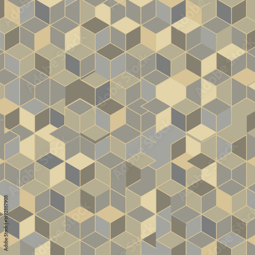 Geometric pattern of overlapping cubes in muted tones. Abstract design with varying shades of beige, gray and taupe.