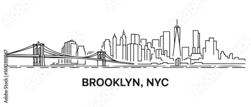 Brooklyn Line Art skyline horizontal banner. Brooklyn, NYC. Vector template for your design. with white background