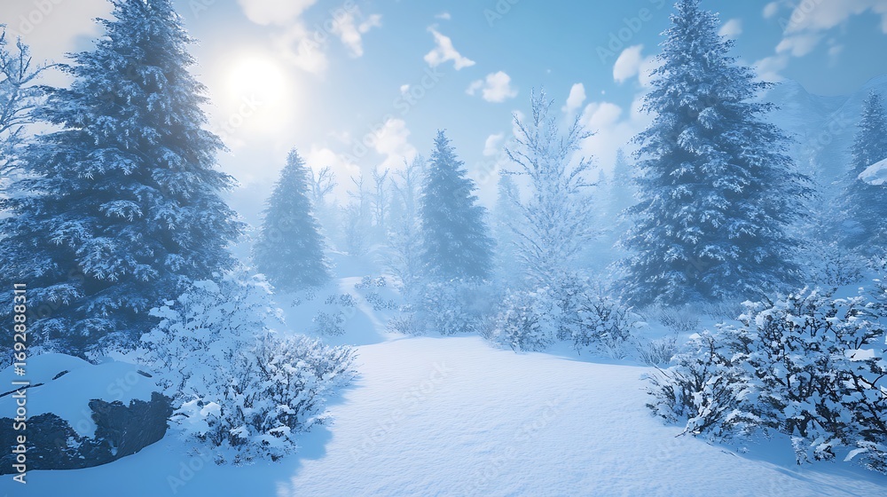 Fototapeta premium A picturesque winter landscape photo showcasing snow covered trees under a bright sunny blue sky