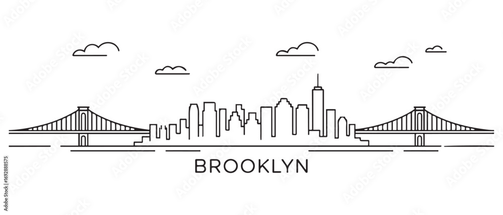 Obraz premium Brooklyn Line Art skyline horizontal banner. Brooklyn, NYC. Vector template for your design. with white background
