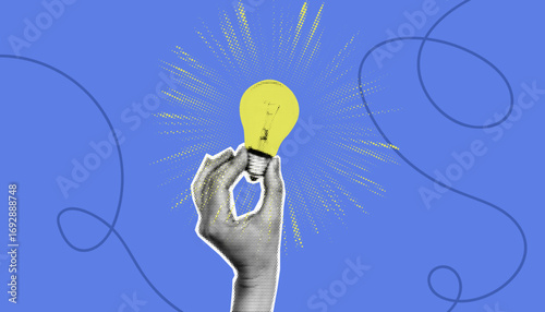 Halftone collage hand holding glowing yellow light bulb on blue background. Retro pop art style concept of idea, creativity, startup, innovation, inspiration. Vector illustration.