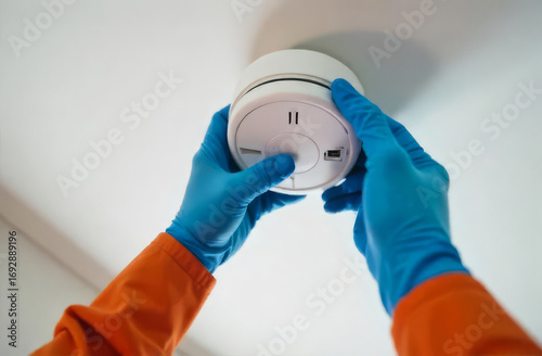 Smoke detector installation. Fire alarm sensor. Safety equipment.