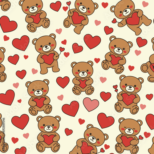 Cute teddy bears holding hearts in a repeating pattern on a light beige background. Adorable cartoon bears holding hearts, with a backdrop of various sizes and colors of hearts.