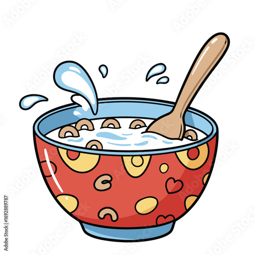 Cartoon bowl of cereal with milk and a wooden spoon, depicting a simple breakfast scene. A colorful, kid-friendly illustration of a bowl of cereal being enjoyed.