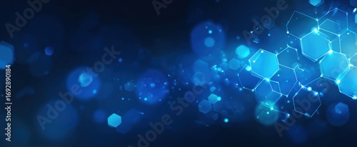 Abstract blue background with hexagons and bokeh
