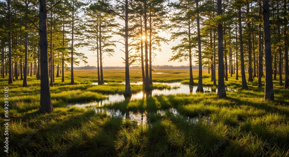 Obraz premium Sunset over marsh forest