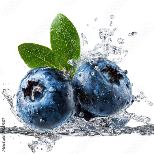 Fresh blueberries splashing into water with vibrant green leaves captured in a close-up shot
