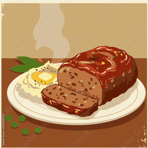 Meatloaf served with mashed potatoes and peas on a plate. Sliced meatloaf, with a tomato sauce glaze, is presented with mashed potatoes and green peas. Home-style comfort food.