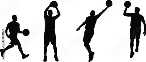 Basketball player silhouette vector illustration, slam dunk action, dribbling movement, jump shot pose, professional athlete, team sport, training performance, competitive game