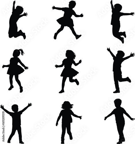 Children silhouettes playing, kids jumping and running, happy childhood vector illustration, active boys and girls, fun outdoor activity, joyful movement, playful youth design