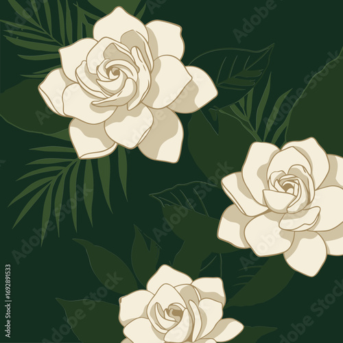 Floral design with white gardenia flowers and tropical leaves in a dark green background. Beautiful blooms arranged in a pattern with textured leaves, creating a nature-inspired backdrop.