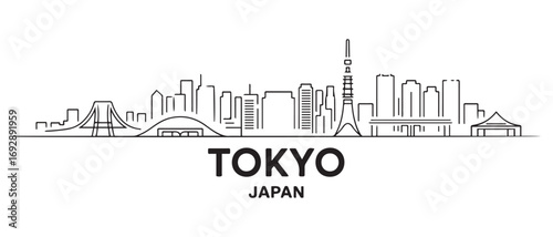 Tokyo city Line Art skyline horizontal banner. Tokyo city, Japan. Vector template for your design. with white background