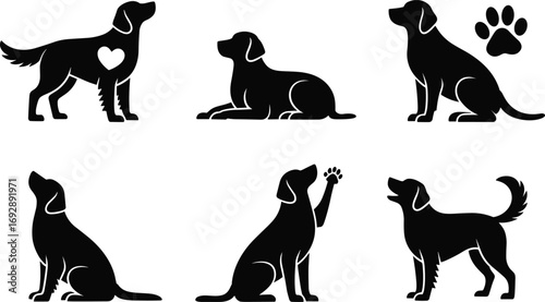 Dog silhouette vector illustration, pet animal graphics, cute puppy poses, domestic canine artwork, sitting, standing, playing, paw print design, love heart symbol
