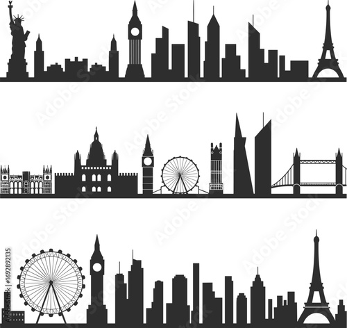 Famous city skylines silhouette illustration, New York, London, Paris landmarks, urban architecture, cityscape icons, travel destinations, world monuments, vector skyline design, black