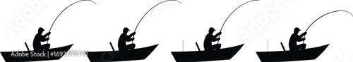 Fishing man silhouette in boat with fishing rod, angler catching fish vector illustration, fisherman activity, outdoor fishing design, sport recreation icons
