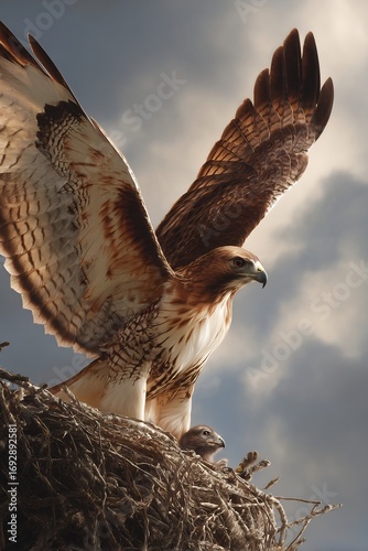 Ultra realistic hawk feeding chick talons gripping nest edge cinematic wildlife imagery soft sky backdrop