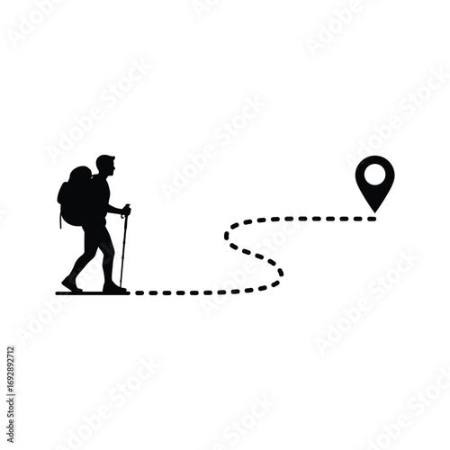 Hiker Silhouette with Backpack Following Route to Destination Map Pin