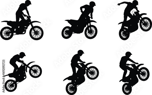 Motocross rider silhouette vector illustration, motorcycle stunt jump, dirt bike action, extreme sports, freestyle movement, racing performance, adventure concept, adrenaline speed