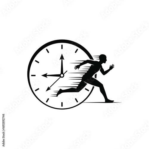 Man Running Fast from Clock Silhouette Symbol for Deadline and Speed