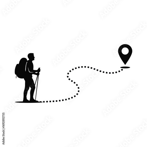Hiker Silhouette with Backpack Following Route to Destination Map Pin