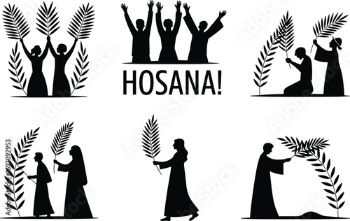 Palm Sunday illustration, Hosanna celebration vector, Christian worship silhouette, people with palm branches, Easter holy week design, biblical scene art, church religious holiday symbol