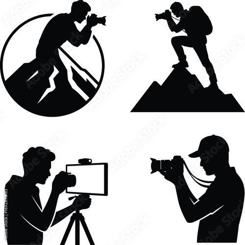 Photographer silhouette vector illustration, man with camera, tripod setup, mountain photography, travel adventure, outdoor shooting, professional work, creative hobby, documentary capture