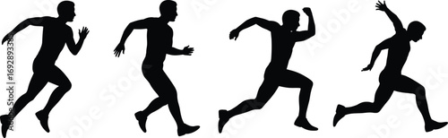 Running athlete silhouette vector, sprinting sportsman illustration, track and field runner, fast movement action pose, fitness training design, marathon competition artwork