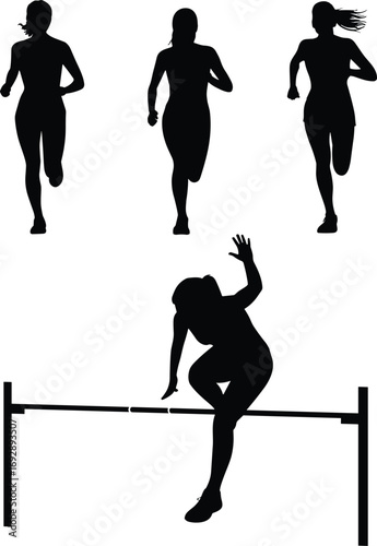 Running athlete silhouette, woman sprinting vector, female hurdler illustration, track and field sports icon, fitness training design, marathon runner art, competitive athletics symbol