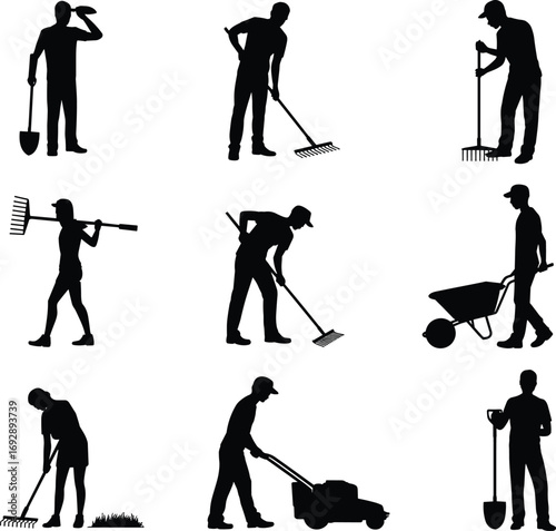 Silhouette of gardeners working with tools, lawn care illustration, people doing gardening activities vector, landscaping worker icons, agriculture maintenance design set