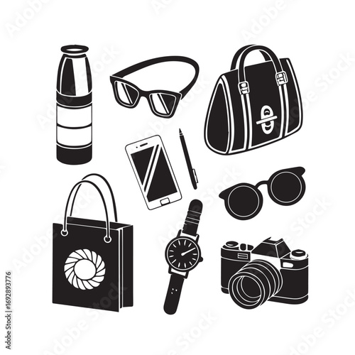Collection of fashion and travel accessories isolated on white background, perfect for style and adventure themes