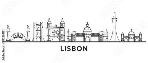 Lisbon Line Art skyline. Travel Lisbon famous landmarks. Business and tourism concept for presentation, banner, web site. with white background
