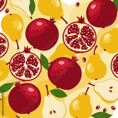Fruit pattern with pears and pomegranates in a vibrant design. Colorful fruit slices scattered across a pale yellow background.